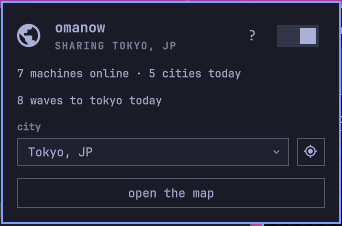 the omanow popup in the omarchy bar, with a sharing switch, a city picker and an open-the-map button
